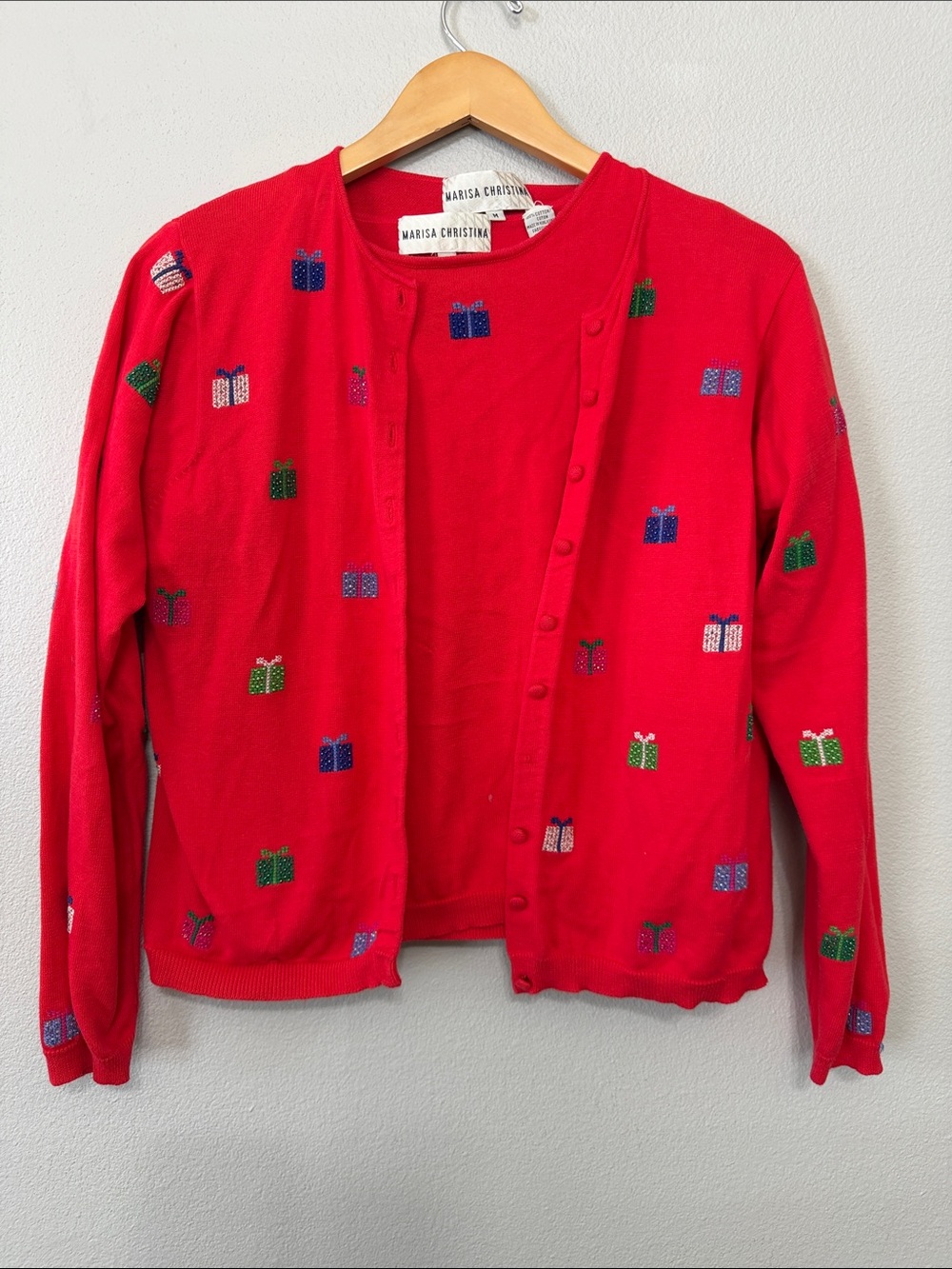 VTG 2 Piece Marisa Christina Red Button-Front Cardigan-Med + Shirt-Large Festive